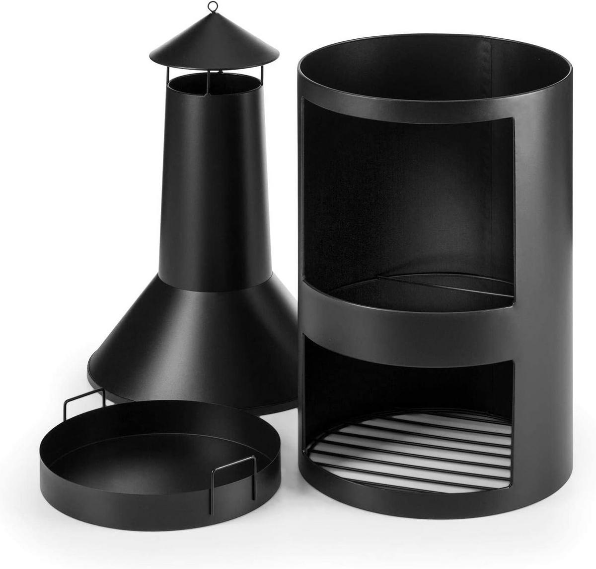 TERRASSENKAMIN – 502594 Gartenkamin 135 cm mit Funkenfluggitter, Schornstein & Schürhaken, Pulverbeschichtet, Hitzebeständig, Rostfrei, Stabiler Stand - Schwarz, Metall (45/135/45cm) - Resch