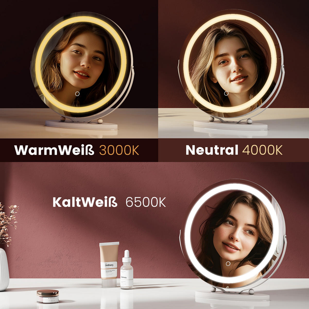 KOSMETIKSPIEGEL mit Beleuchtung 52/49,8/11,1 cm - Weiß, Glas (50/52/11cm) - EMKE