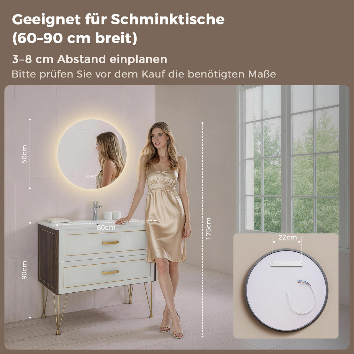 BADEZIMMERSPIEGEL 50 cm rund mit LED-Beleuchtung, dimmbar und Antibeschlag - Transparent, Glas (50/50/3.5cm) - S'AFIELINA