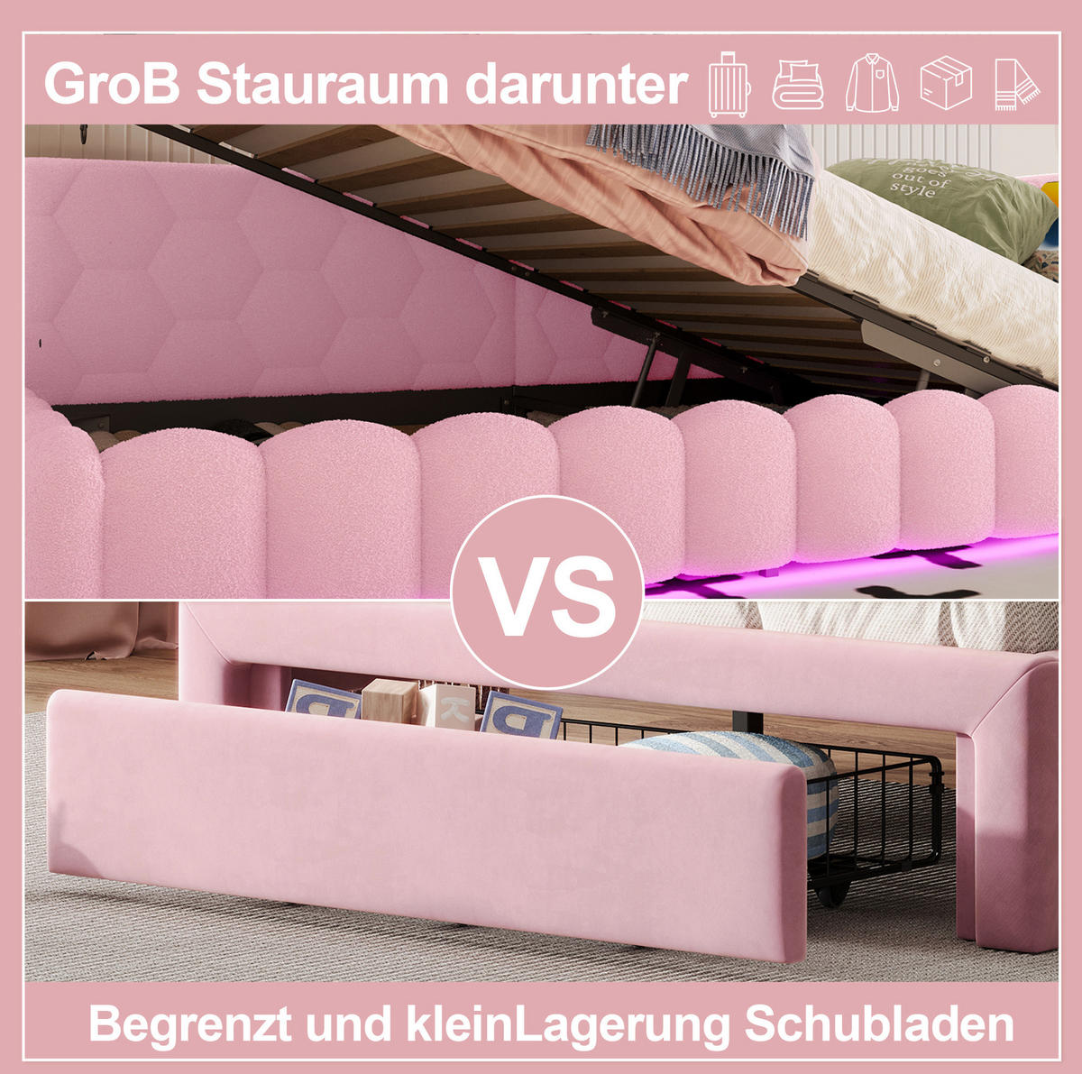 POLSTERBETT 90/200 cm Rosa mit Stauraum und LED-Beleuchtung - Rosa, Textil (90/200cm) - Flora Grace