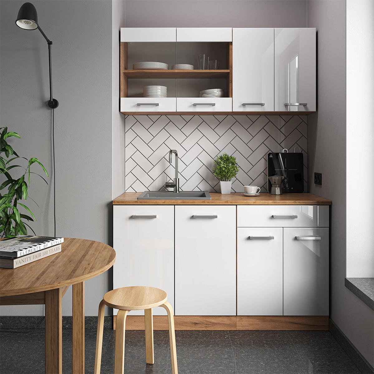 SINGLEKÜCHE R-Line Weiß Hochglanz/Goldkraft Eiche 140 cm, AP Marmor - Weiß Hochglanz/Eiche Wotan, Holzwerkstoff (140/81.6/60cm) - Vicco