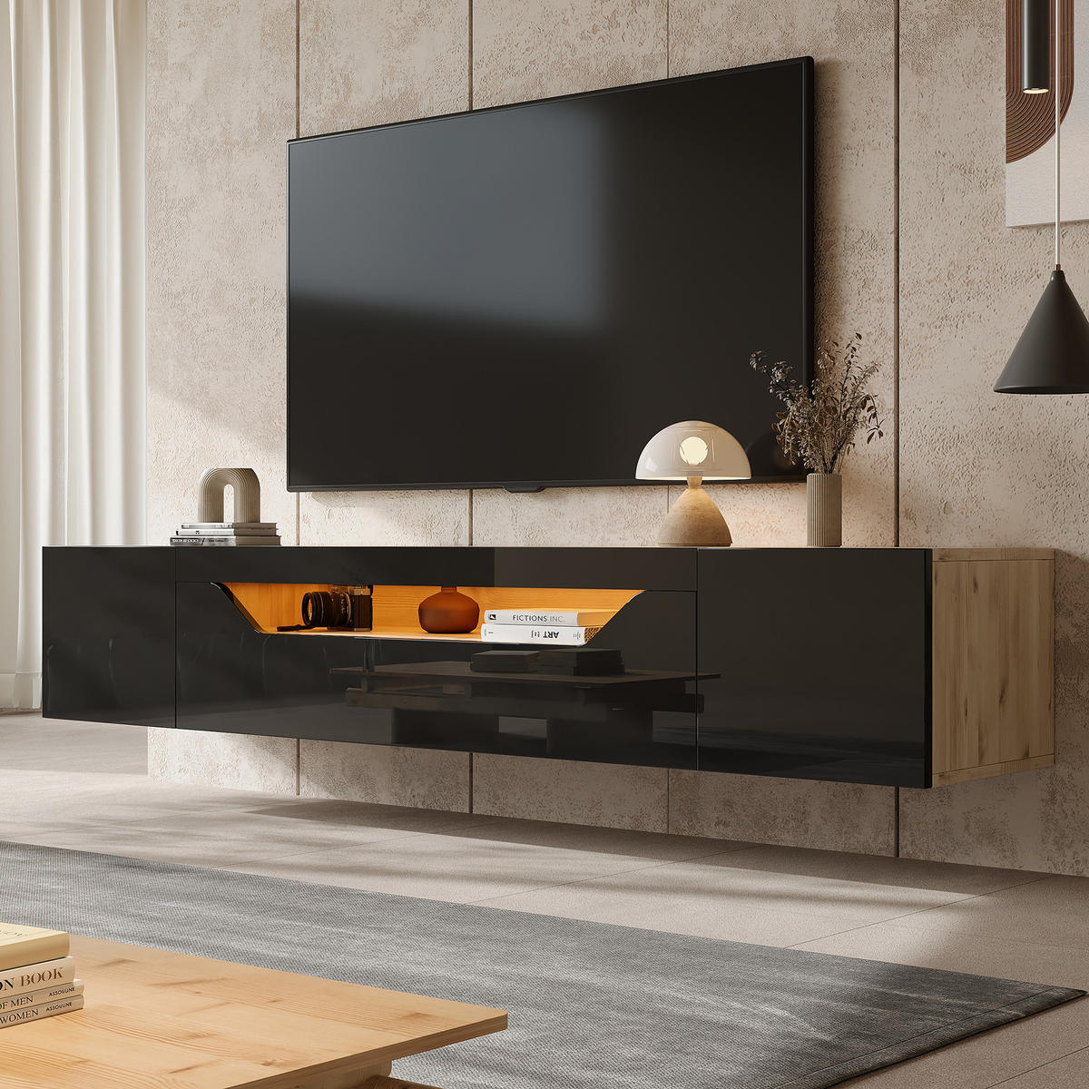 TV-LOWBOARD aus Spanplatte 180x37x36 cm Schwarz/Natur mit LED-Beleuchtung, wandmontiert und Hochglanzfront - Schwarz, Holzwerkstoff (180/36/37cm) - Modfu