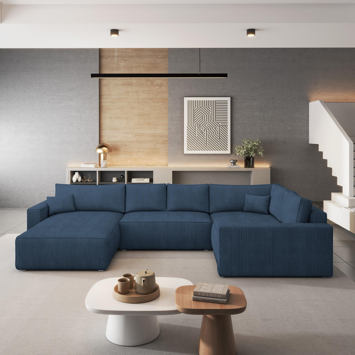 ROHOVÁ SEDAČKA VELAMI modrá - šedá/modrá, dřevo/textil (365/194cm) - MASSENO