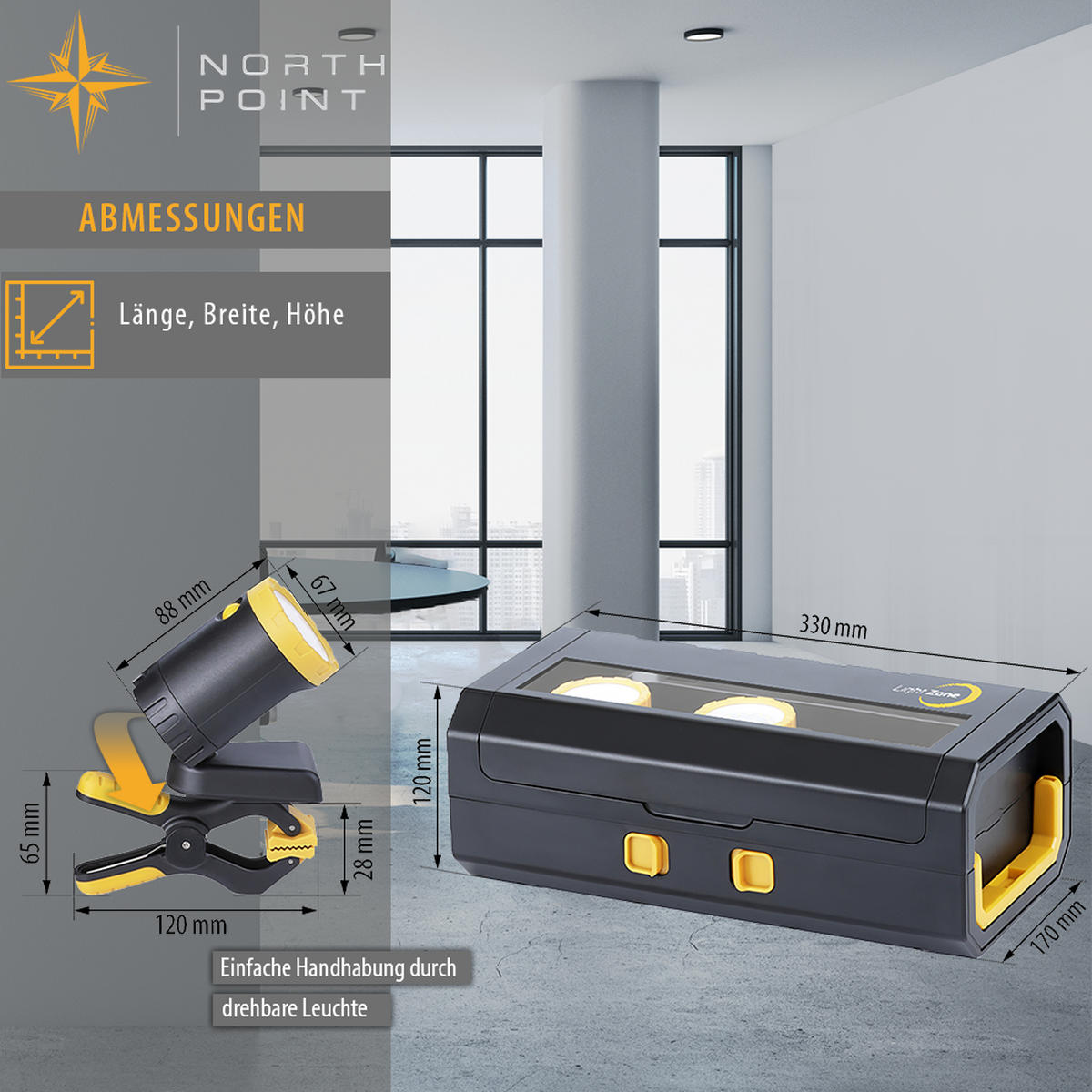 LED-ARBEITSLEUCHTEN - 3x Inspektionslampen mit 2000mAh Akku und Ladekoffer für flexible Einsatzmöglichkeiten, 3er-Set - Schwarz, Kunststoff (12/33/17.5cm) - Northpoint