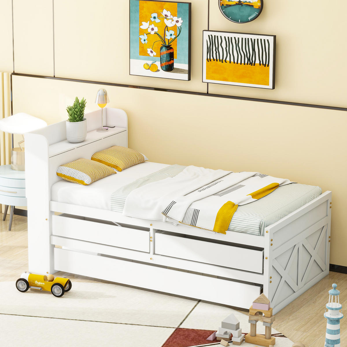 EINZELBETT 90/190 cm Weiß Massivholz mit ausziehbarem Bett und Nachttisch mit USB-Anschluss - Weiß, Holz (90/190cm) - OKWISH