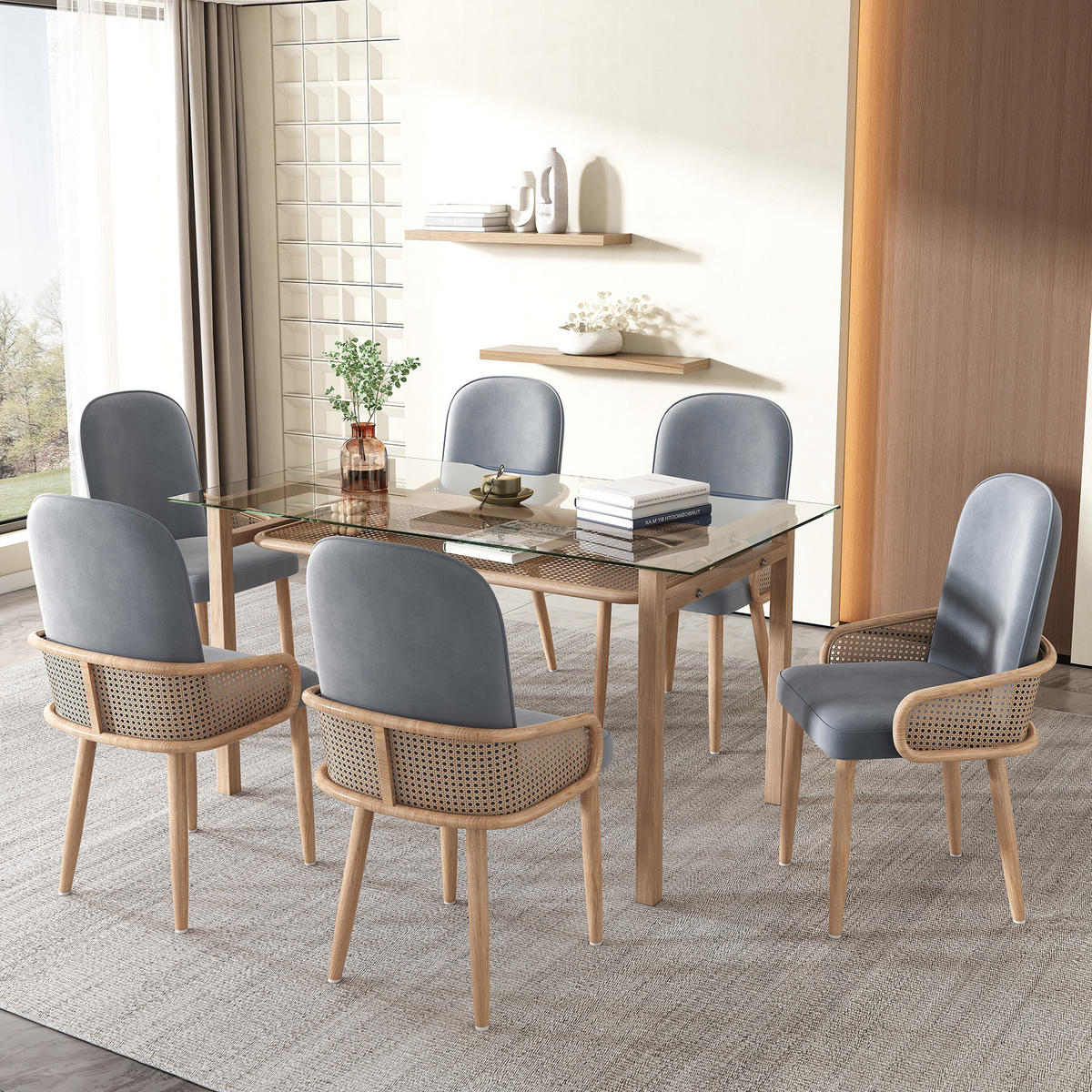 ESSZIMMERSTUHL 6 Stück Samt Rattan Grau, Metall Holzoptik - Grau, Textil (43/90/45cm) - FLIEKS