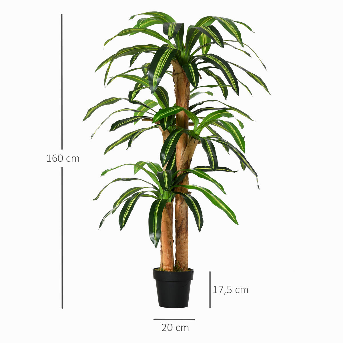 KUNSTPFLANZE, Künstliche Drachenbaum-Pflanze, 66 Moosblätter, für Garten & Büro, Ø20x160 cm, Grün - Multicolor, Kunststoff (160cm) - FORIOUS