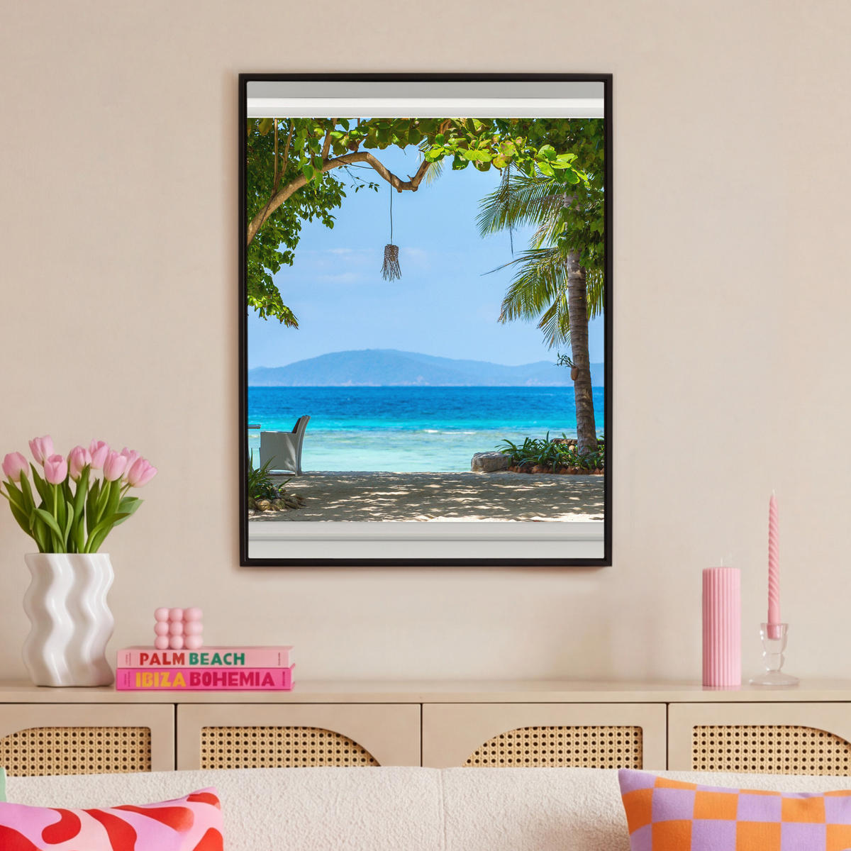 LEINWAND Bilder mit Rahmen - Aussicht - Baum - Meer - Palme - Hügel - Strand - Blau - 70x100 - Blau, Textil (70/100cm) - MuchoWow