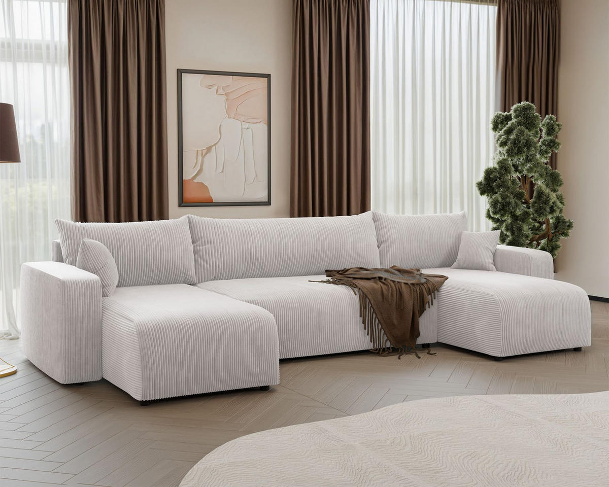 WOHNLANDSCHAFT Pianoni Hellbeige Cordbezug - Ecru/Schwarz, Kunststoff/Textil (312/83/140cm) - Selsey