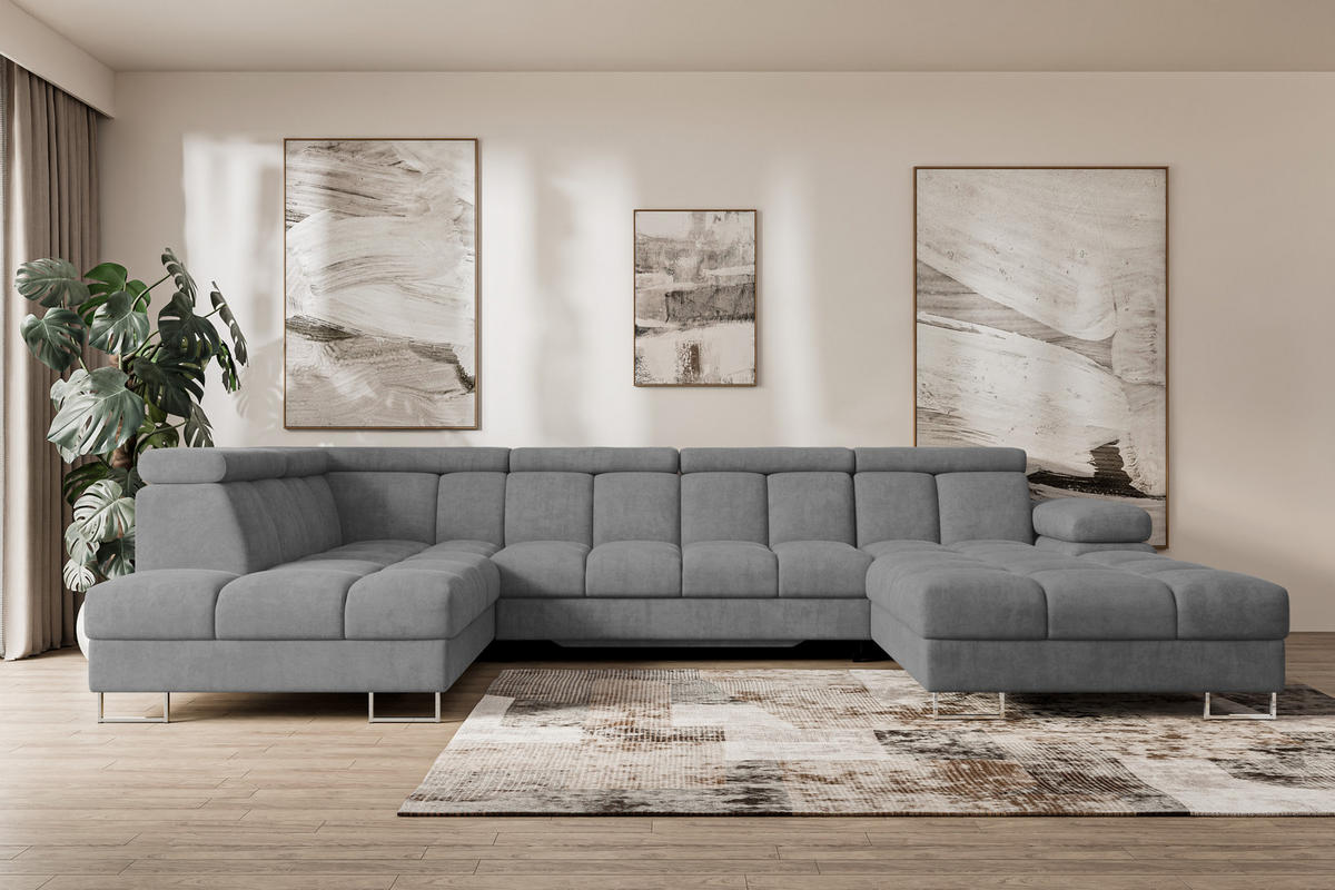 WOHNLANDSCHAFT mit Schlaffunktion und Bettkasten Ottomane Links COMA U 345x203x79 Grau Velours - Grau, Holzwerkstoff/Textil (345/79/203cm) - ALTDECOR