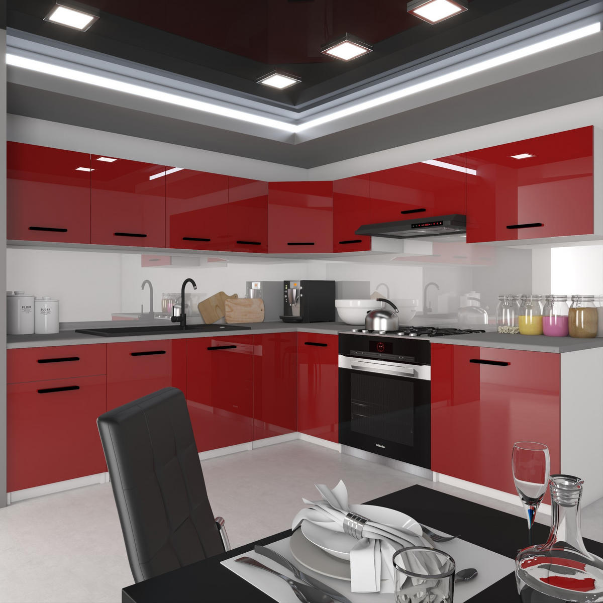 KÜCHENZEILE Italia 7 420 cm , mit Arbeitsplatten, Rot - Rot, Holz (420/143/60cm) - B BELINI GROUP
