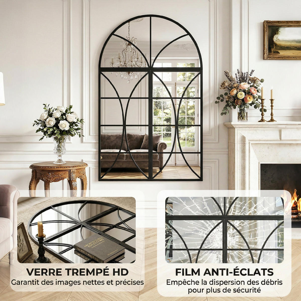 WANDSPIEGEL 3er-Set DE-14382 Bogenform im Fensterstil Schwarz - Schwarz, Metall (80/120/2cm) - ComfortXL