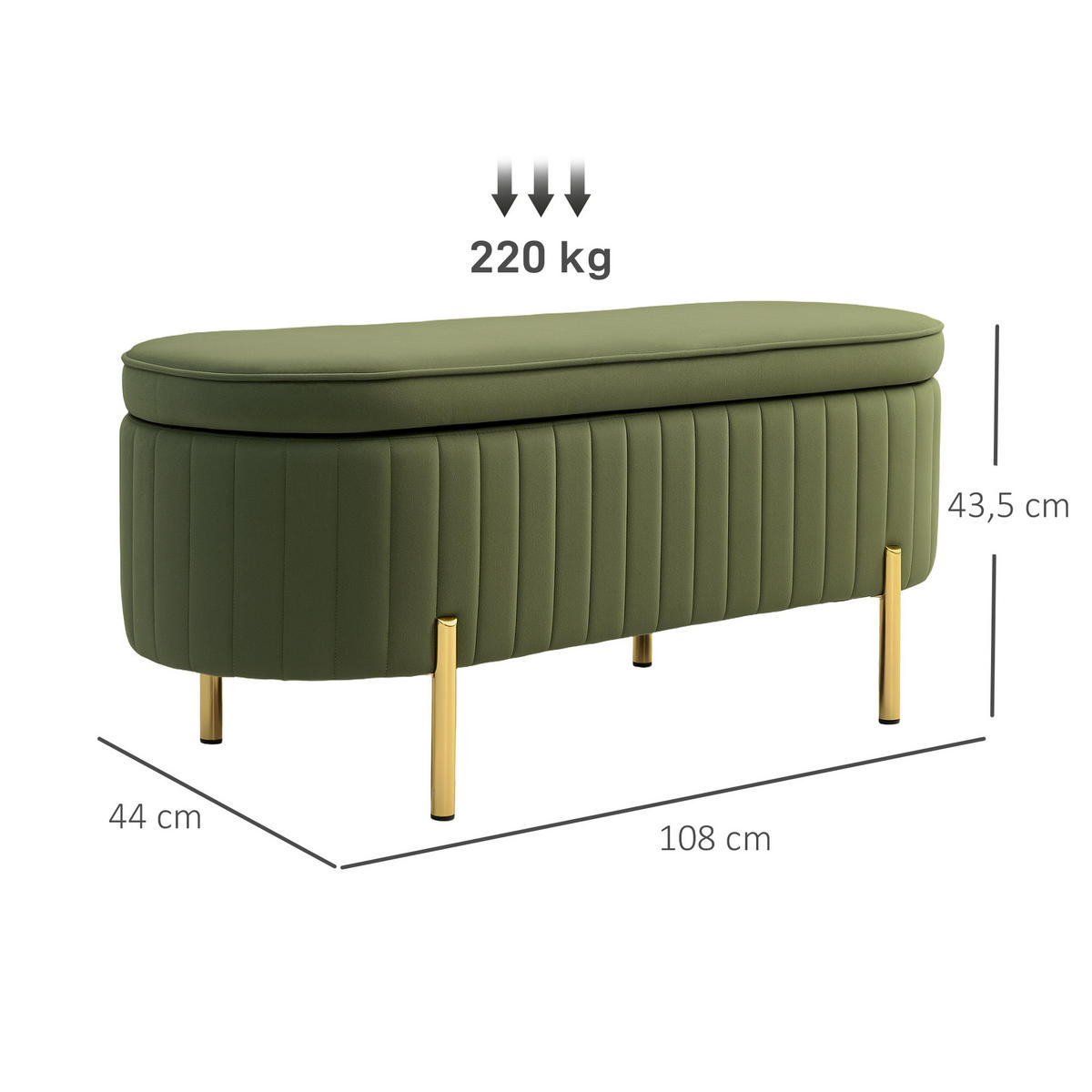 SITZBANK mit Stauraum Polsterbank mit Samtoptik, Metallbeine, Grün - Goldfarben/Grün, Textil/Metall (44/43.5/108cm) - HOMCOM