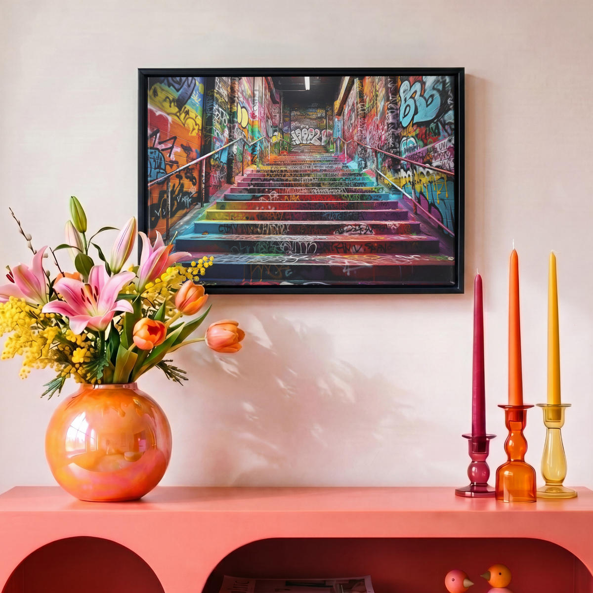 LEINWAND Bilder mit Rahmen - Treppe - Graffiti - Farben - Kunst - 30x20 - Multicolor, Textil (30/20cm) - MuchoWow