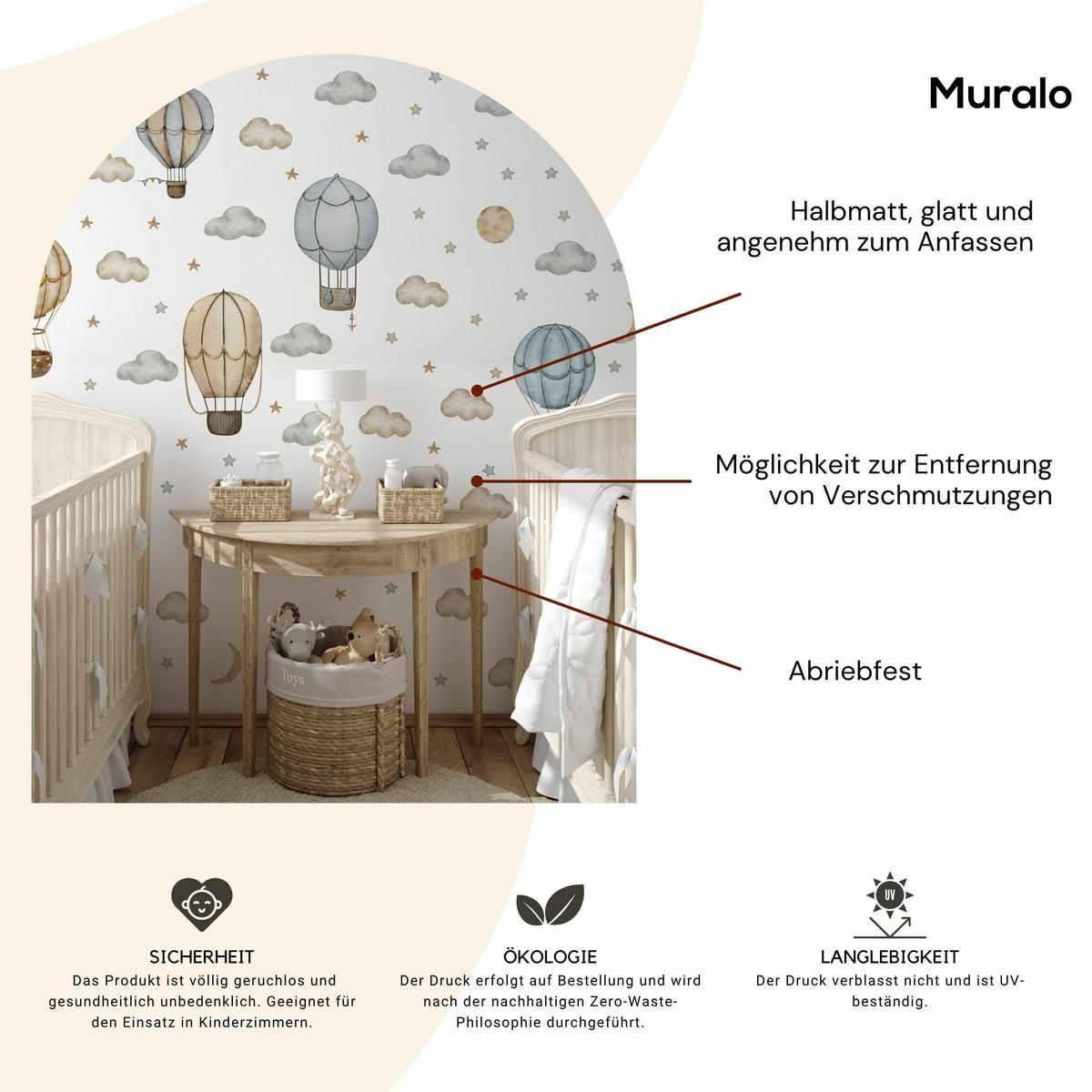 WANDAUFKLEBER SET Luftballons Wolken Sterne Boho Stil 60x30 - Beige/Braun, Papier (60/30/1cm) - Muralo