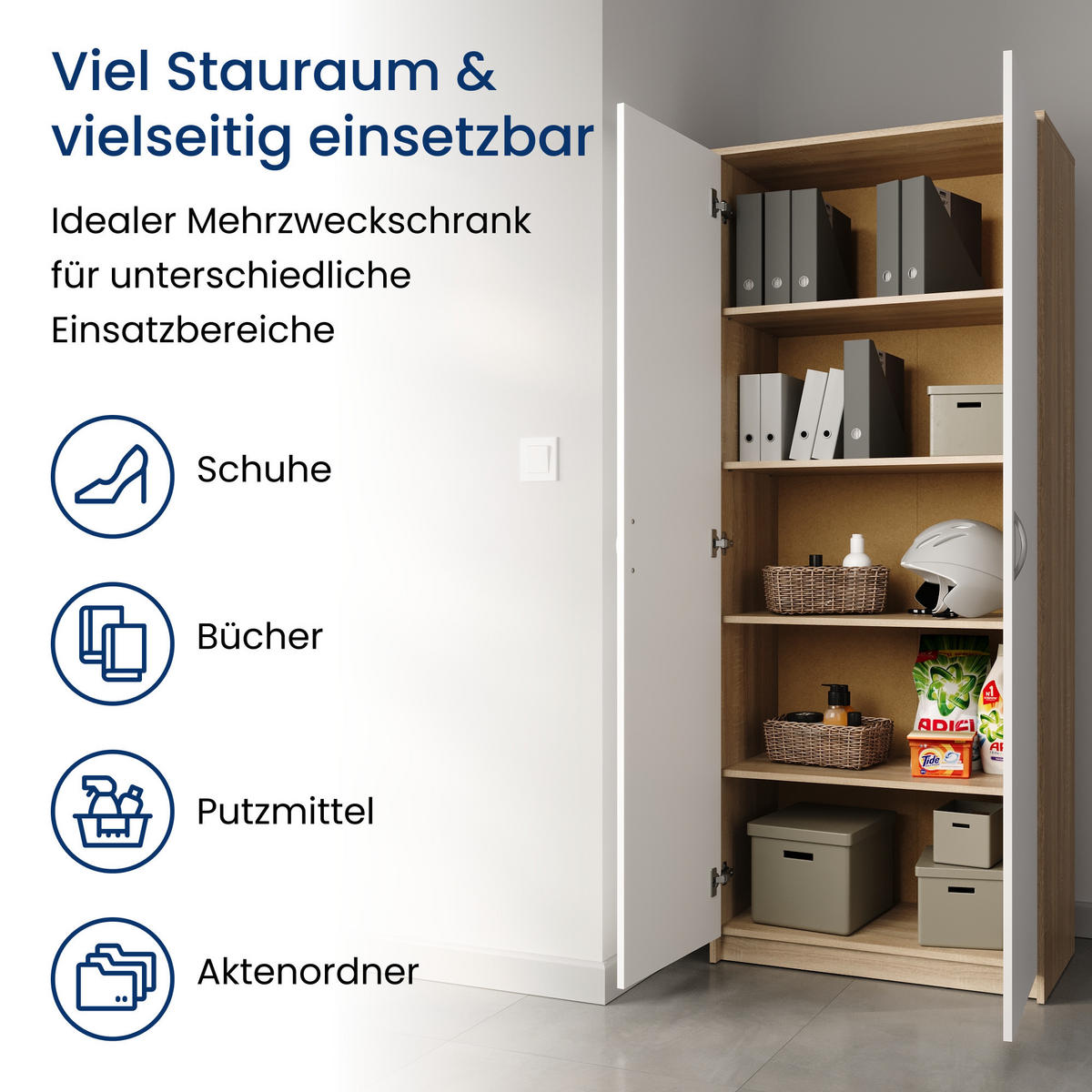 MEHRZWECKSCHRANK mit 5 Fächern und 2 Türen in Sonoma / Weiß - Weiß/Sonoma Eiche, Holzwerkstoff (74/180/35cm) - Home Collective