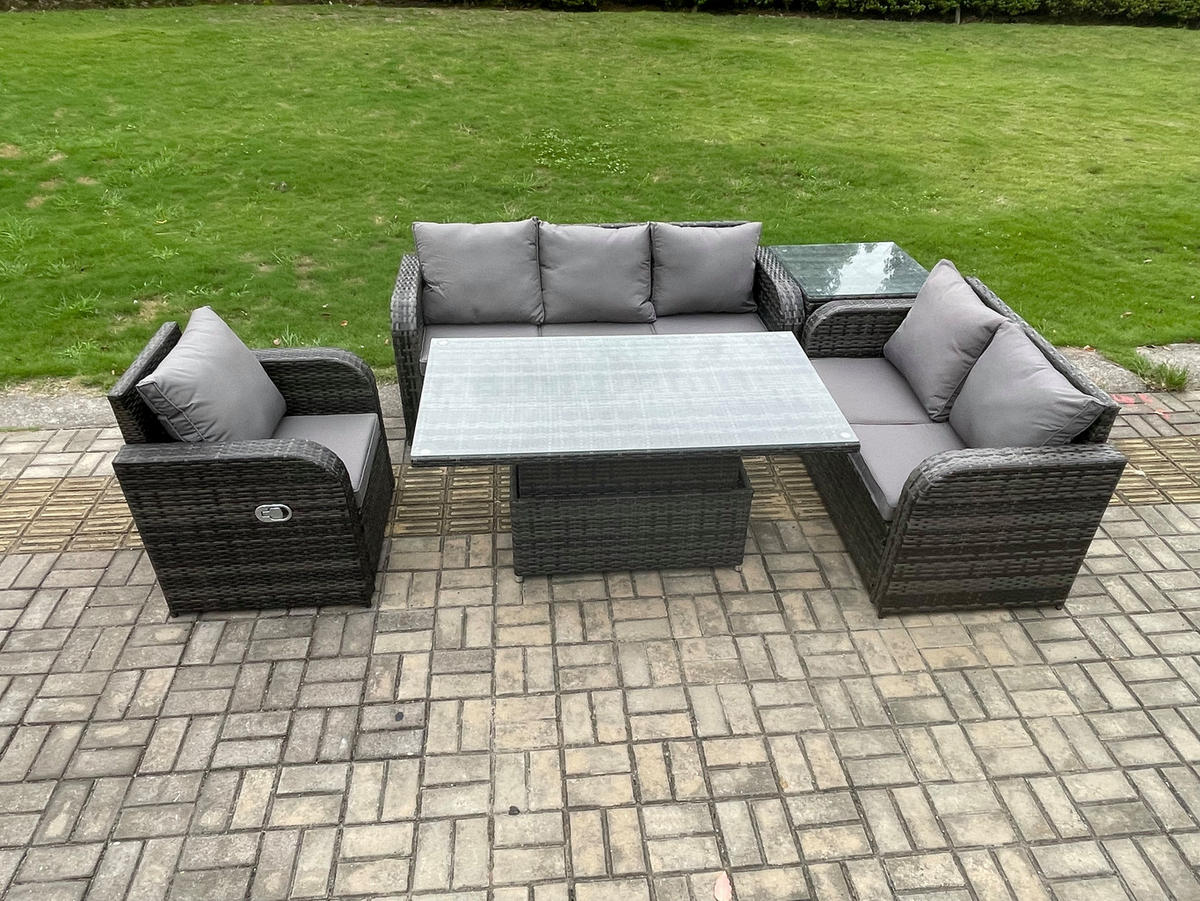 GARTENMÖBEL SET mit Höhenverstellbarer Esstisch 3-Sitzer Sofa 6-Sitzer Grau - Dunkelgrau/Grau, Glas/Kunststoff - Fimous