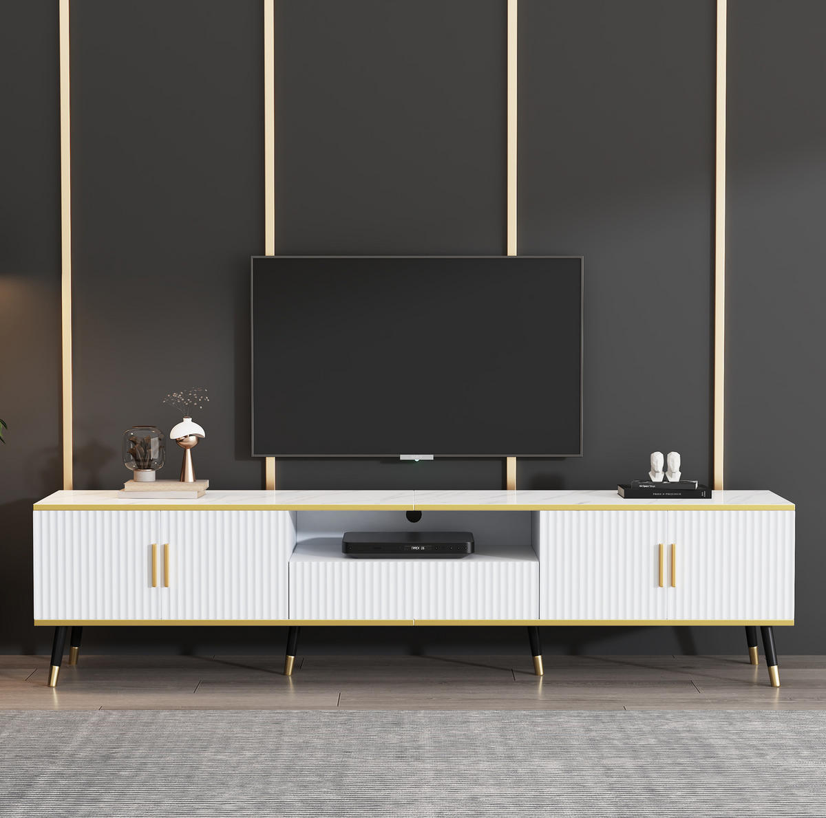 TV-SCHRANK 200/40/46 cm weiß mit Marmoroptik mit 2 Türen und 1 Schublade - Weiß, Holzwerkstoff (200/46/40cm) - OKWISH