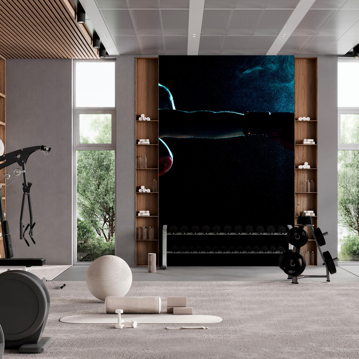 FOTOTAPETE für Jugendzimmer Muskelboxer Training Handschuhe Action 400x280 - Schwarz/Grau, Papier (400/280cm) - Muralo