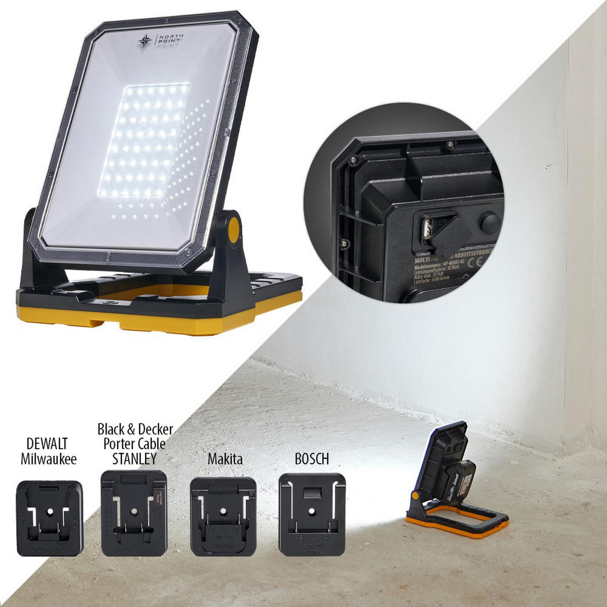 AKKU-LED-BAUSTRAHLER - dimmbar und leistungsstark für Baustellen und Werkstätten, 2er-Set - Schwarz, Kunststoff (9.2/20.8/21.5cm) - Northpoint