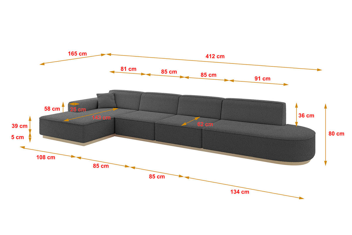 ECKSOFA Ottomane Links IREA-L3 - 412x165x80 cm Grau - Olivgrün, Holzwerkstoff/Textil (412/165cm) - ALTDECOR