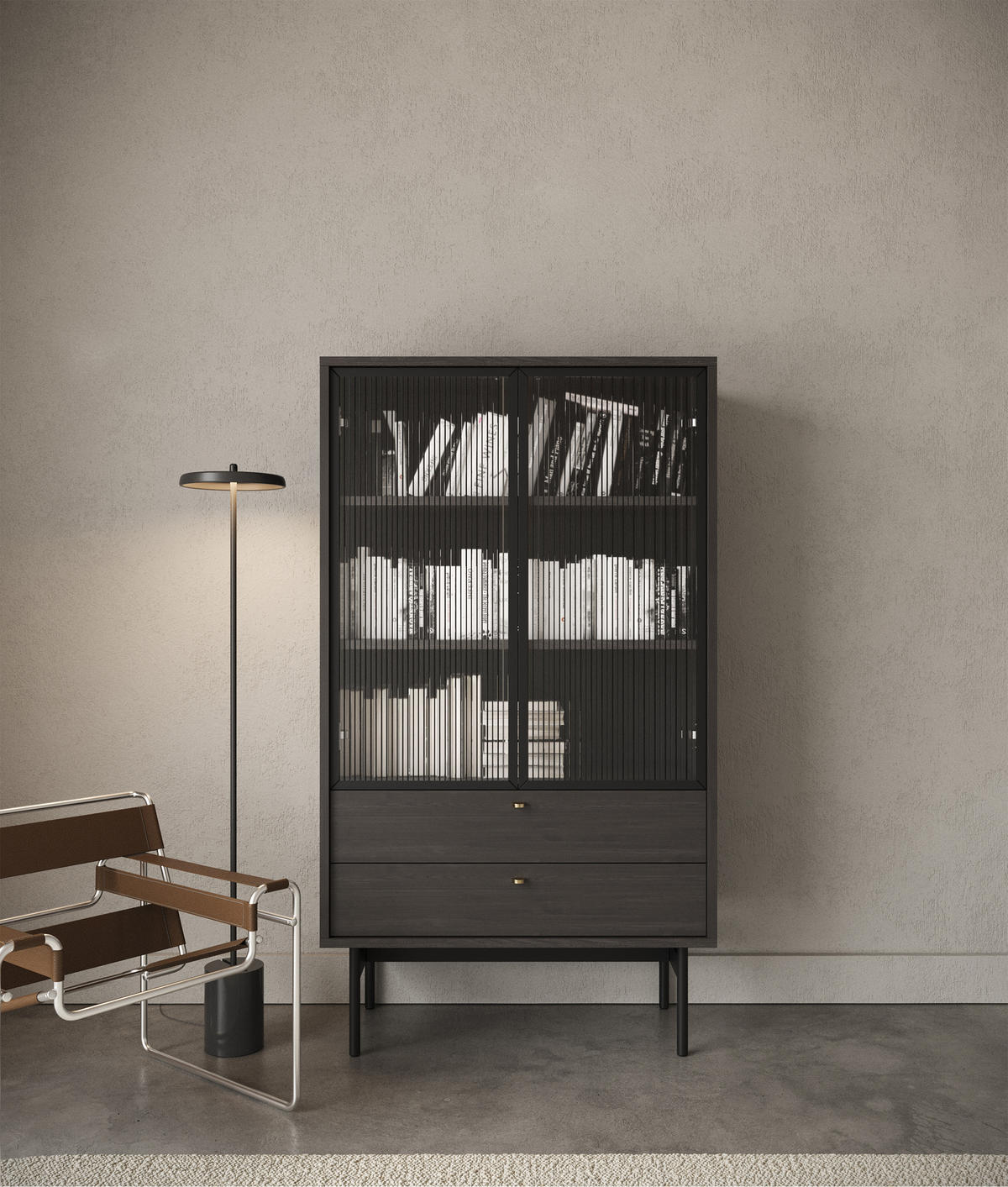 VITRINE Olar Holzoptik Esche Portland Schwarz 85 cm - Goldfarben/Schwarz, Holzwerkstoff/Metall (85/150/41cm) - Selsey