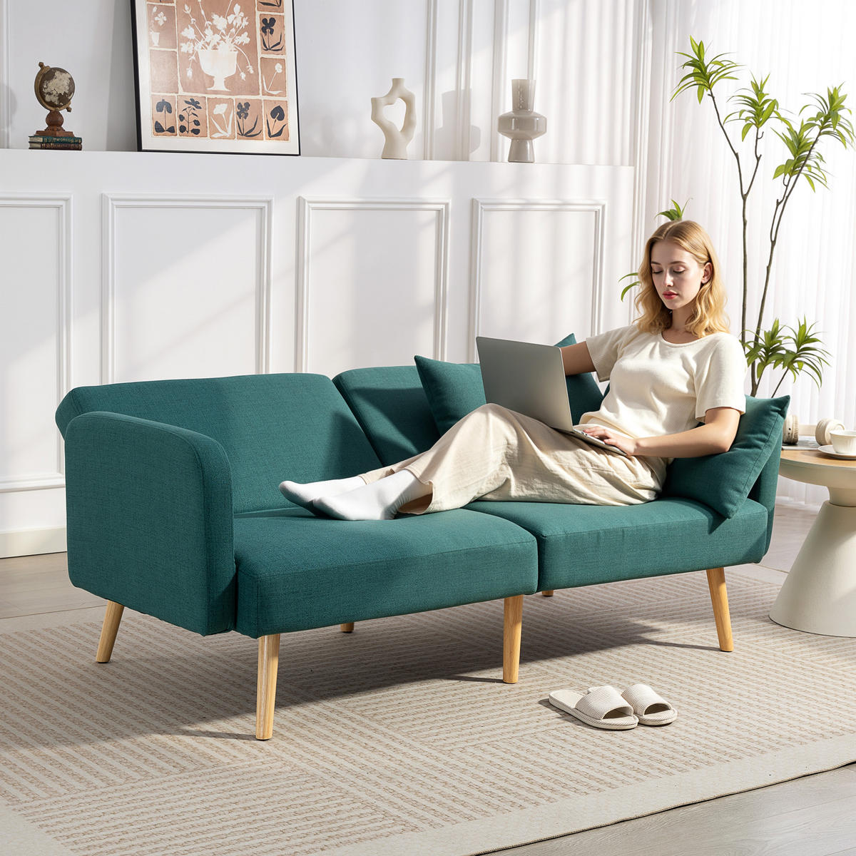 SCHLAFSOFA, 3-Sitzer-Sofa mit Bettfunktion, 2 Kissen, Leinenoptik, Grün - Naturfarben/Grün, Holz/Textil (83/80/170cm) - HOMCOM