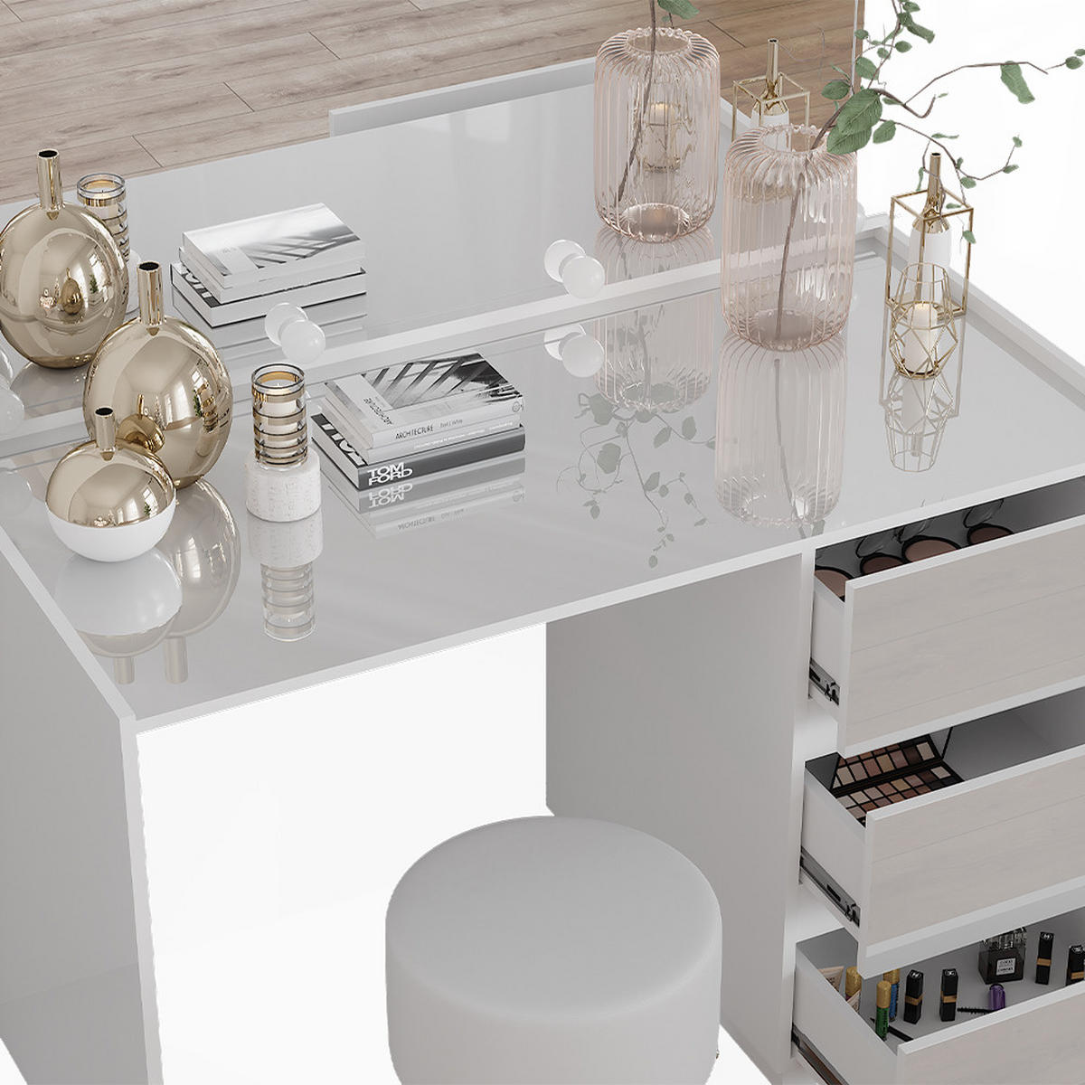 SCHMINKTISCH Marla Weiß Hochglanz 120 cm mit Spiegel, Hocker, LED-Lichterkette - Weiß Hochglanz, Holzwerkstoff (120/78.6/60cm) - Vicco