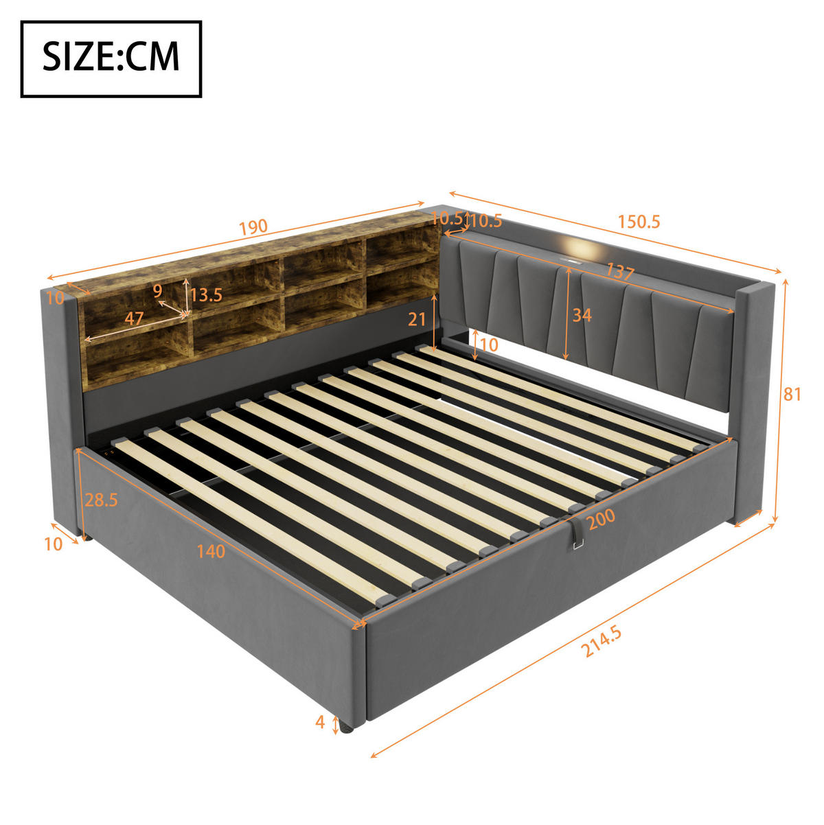 POLSTERBETT 140/200 cm aus Samtstoff mit Stauraum USB und Typ-C Dunkelgrau - Grau, Textil (140/200cm) - Modenvie