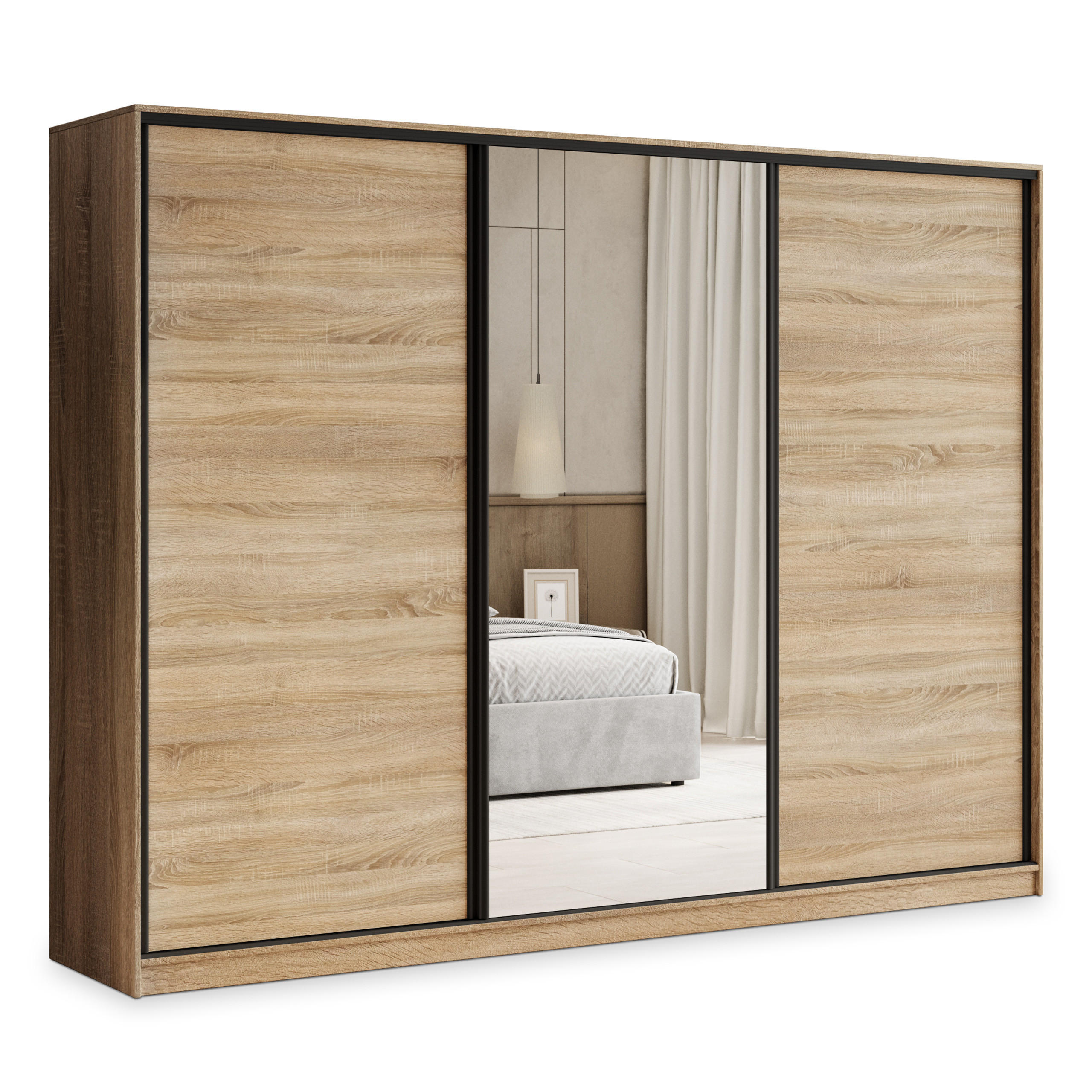 SCHWEBETÜRENSCHRANK TARI 270/205/58 cm 3-türig mit Spiegel und 4 Schubladen Sonoma Eiche - Sonoma Eiche, Holzwerkstoff (270/205/58cm) - MASSENO