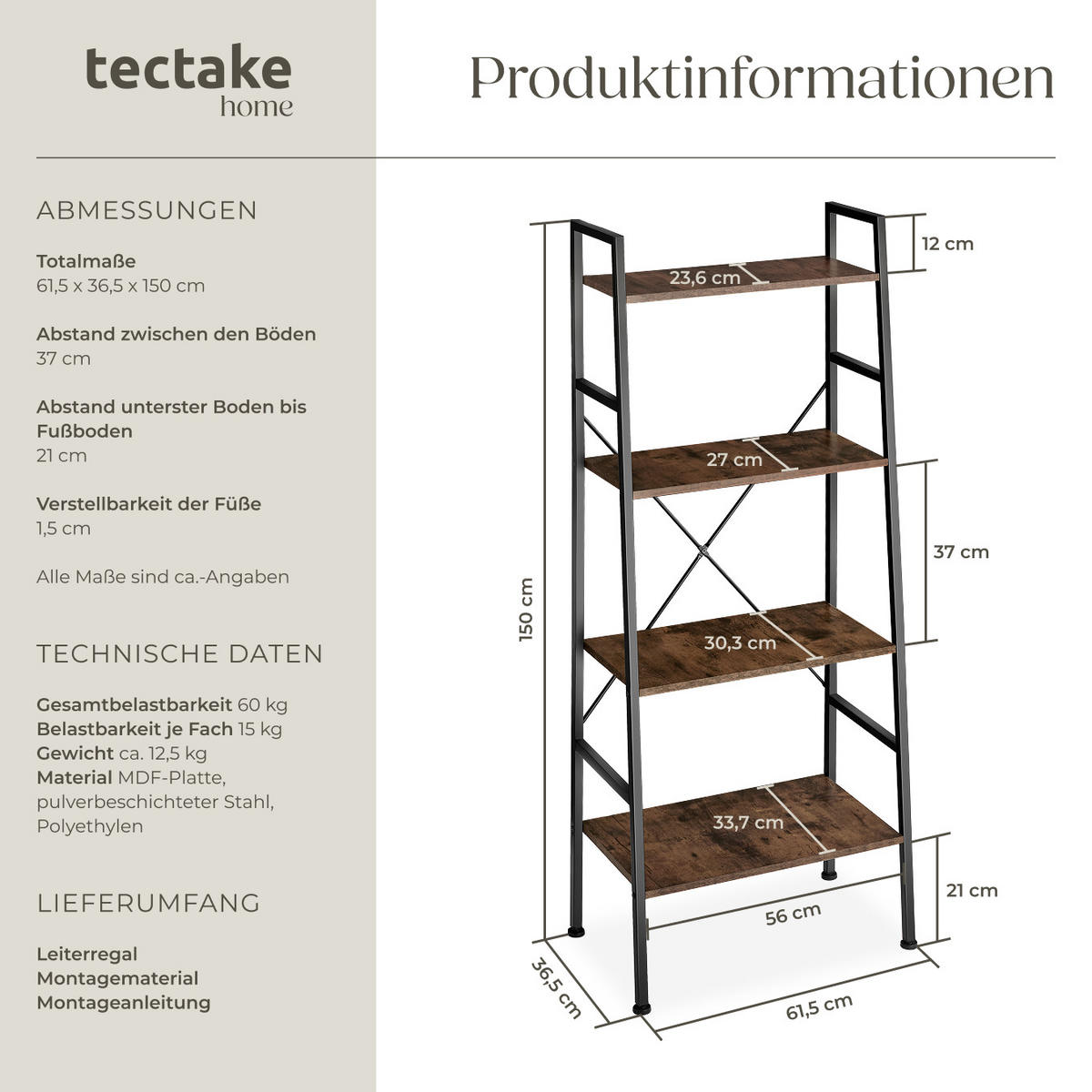 LEITERREGAL Liverpool,inklusive Kippschutz, 61,5 x 36,5 x 150 cm,Industrial Holz dunkel, rustikal - Rostfarben, Holz (36.5/150/61.5cm) - tectake