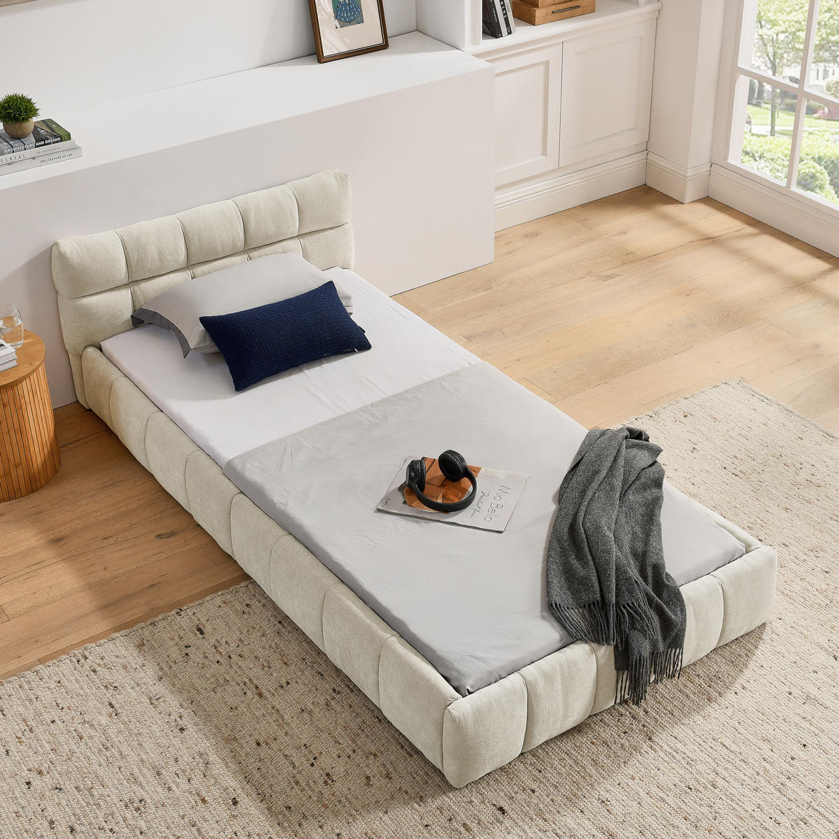 KINDERBETT Polsterbett 90/200 cm aus Chenille mit quadratischem Steppdesign Beige - Beige, Kunststoff (90/200cm) - Modenvie