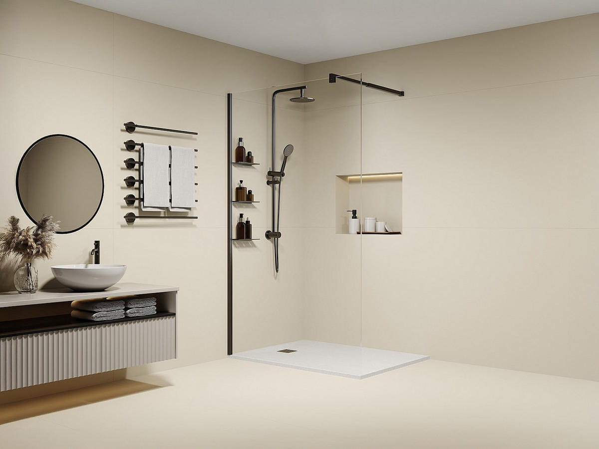 DUSCHTRENNWAND für begehbare Duschen mit Ablagen - Schwarz matt - Glas 6 mm - 120 x 200 cm - DAREN - Schwarz, Metall (120/200cm) - Vente-Unique