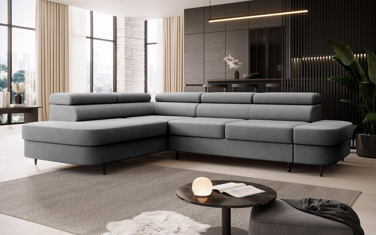 ECKSOFA Priam L-Form mit Schlaffunktion und Stauraum Modern Form Grau - Grau, Holz/Textil (275/203cm) - Muffo