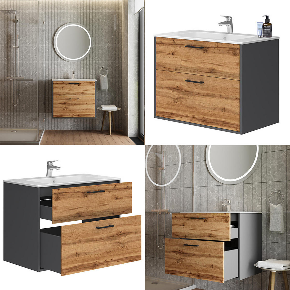 WASCHBECKENUNTERSCHRANK Lanco Anthrazit/Goldkraft Eiche 80 x 61.5 cm mit Waschbecken - Honigeiche/Anthrazit, Holzwerkstoff (80/61.5/45.5cm) - Vicco