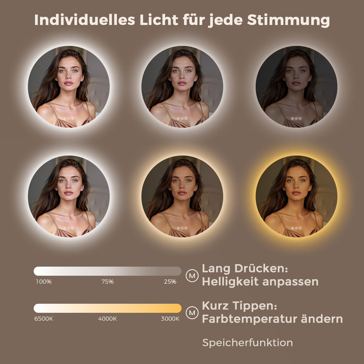 BADEZIMMERSPIEGEL 60 cm rund mit LED-Beleuchtung, dimmbar und Antibeschlag - Transparent, Glas (60/60/3.5cm) - S'AFIELINA