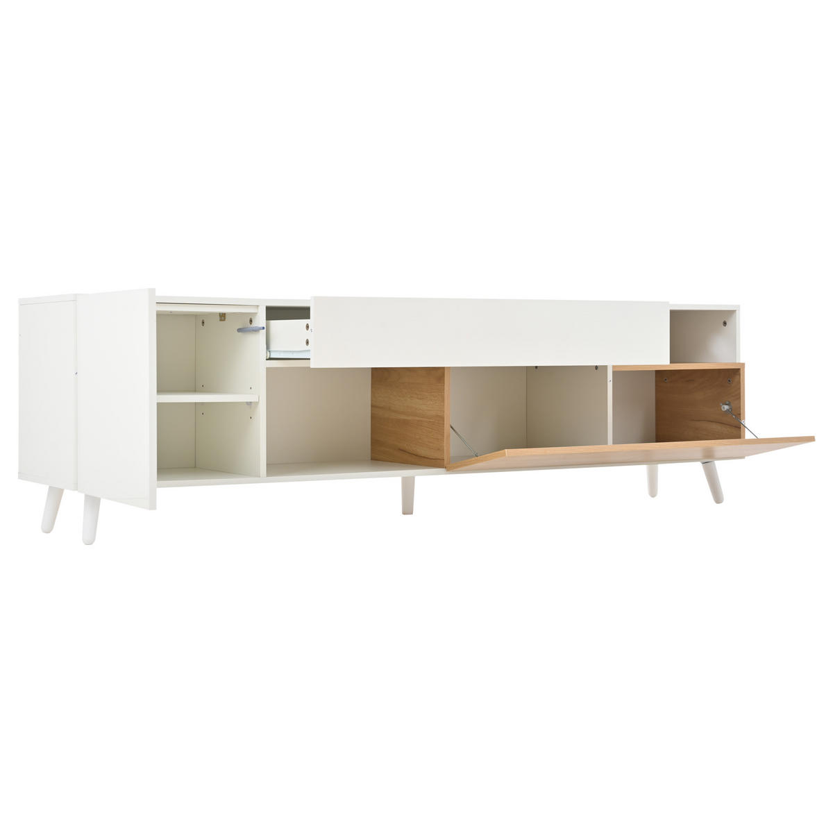 FERNSEHSCHRANK aus Spanplatte 180x38x50 cm Weiß/Naturfarben mit Hochglanzfront, 1 Schublade und 7 Fächern - Hellbraun, Holzwerkstoff (180/50/38cm) - Modfu