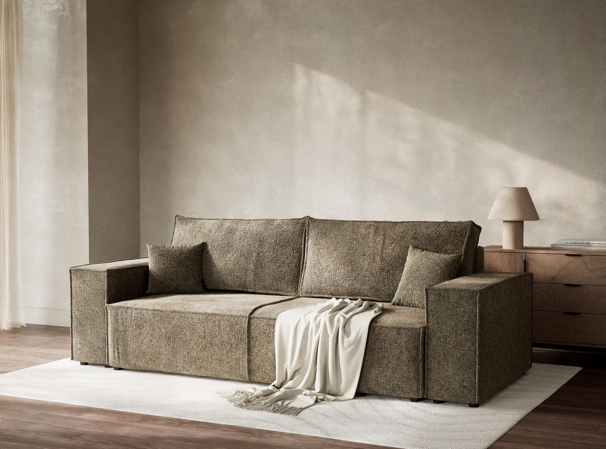 SOFA MIT SCHLAFFUNKTION Milos Taupe Chenille-Stoff - Taupe/Schwarz, Holz/Holzwerkstoff (255/70/105cm) - Maison de Reve