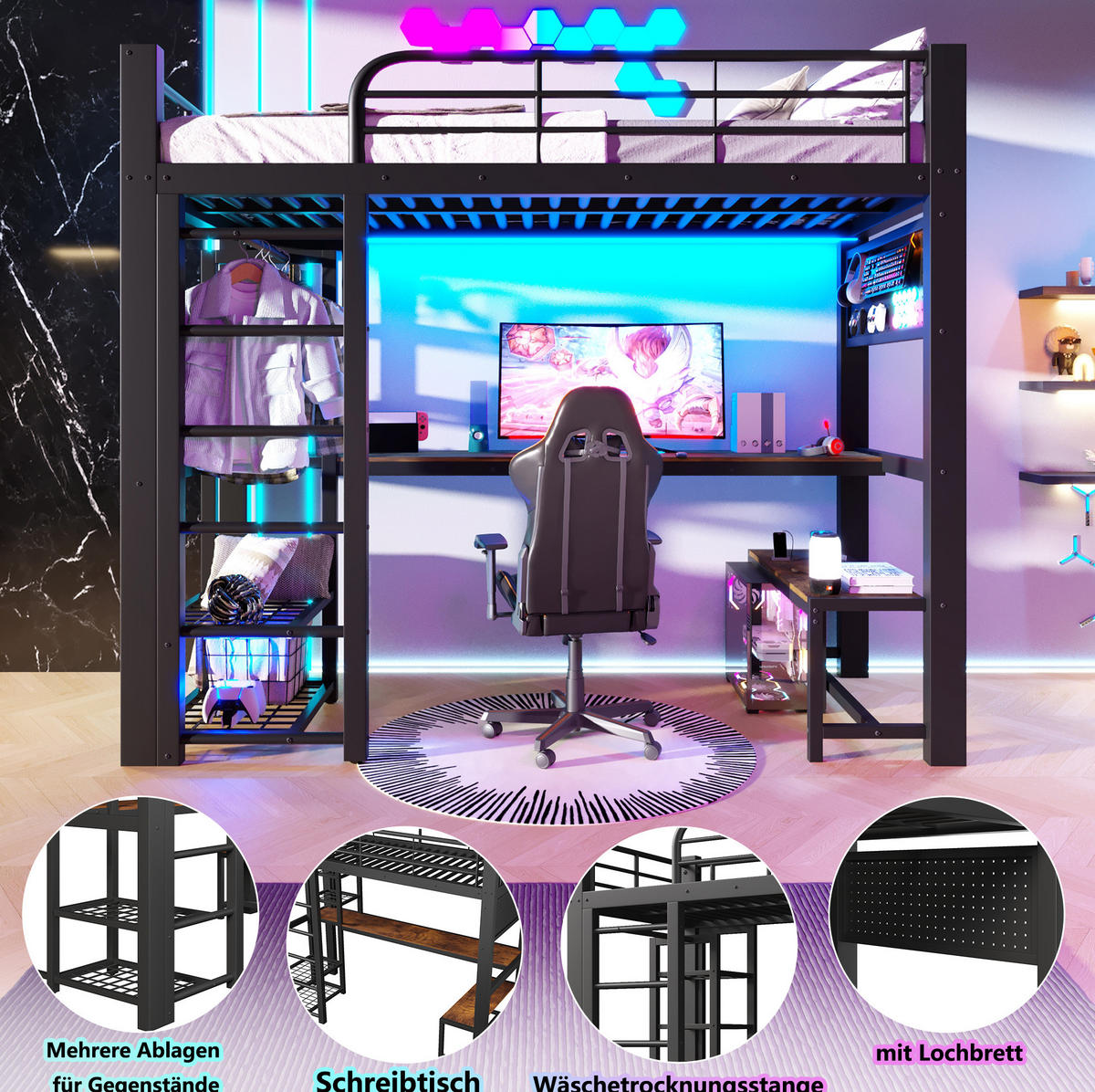 HOCHBETT 90/200 cm Metall mit LED, Schreibtisch und Kleiderstange - Schwarz, Metall (90/200cm) - MIVRAY