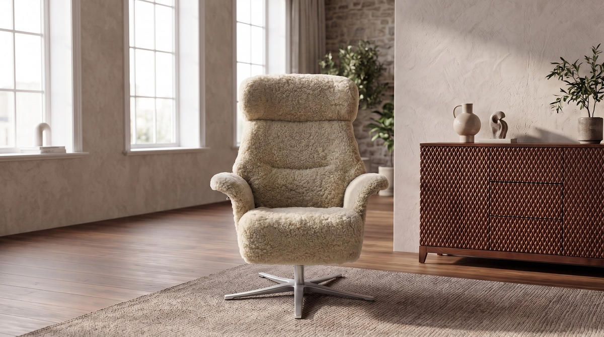 RELAXSESSEL TOSAR Beige Schaffell Relaxfunktion - Beige/Silberfarben, Naturmaterialien/Fell (83/110/89cm) - KAWOLA