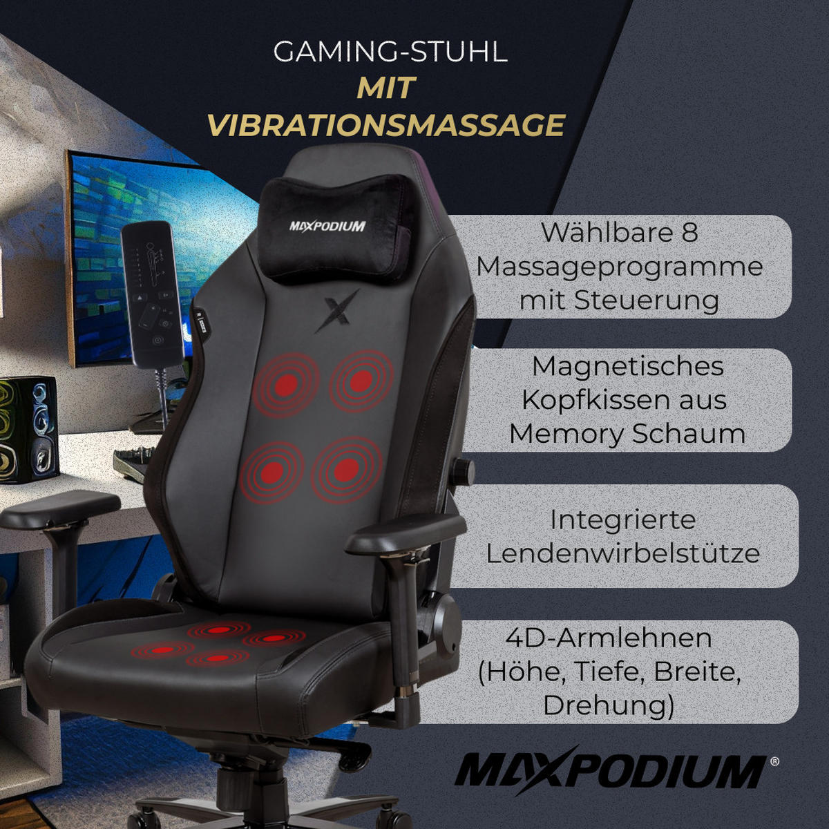 GAMING-BÜROSTUHL Heavy SMI Schwarz - Schwarz, Metall (55/137/49cm) - MaxPodium