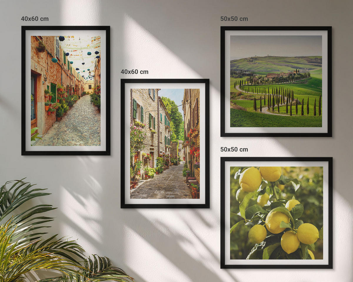 WANDBILDER 4er-Set - 50x50 cm & 40x60 cm Schwarzer Rahmen - Bezaubernde Straßen voller Zitronenblüten - Schwarz, Kunststoff (50/50cm) - ArtPrintCave