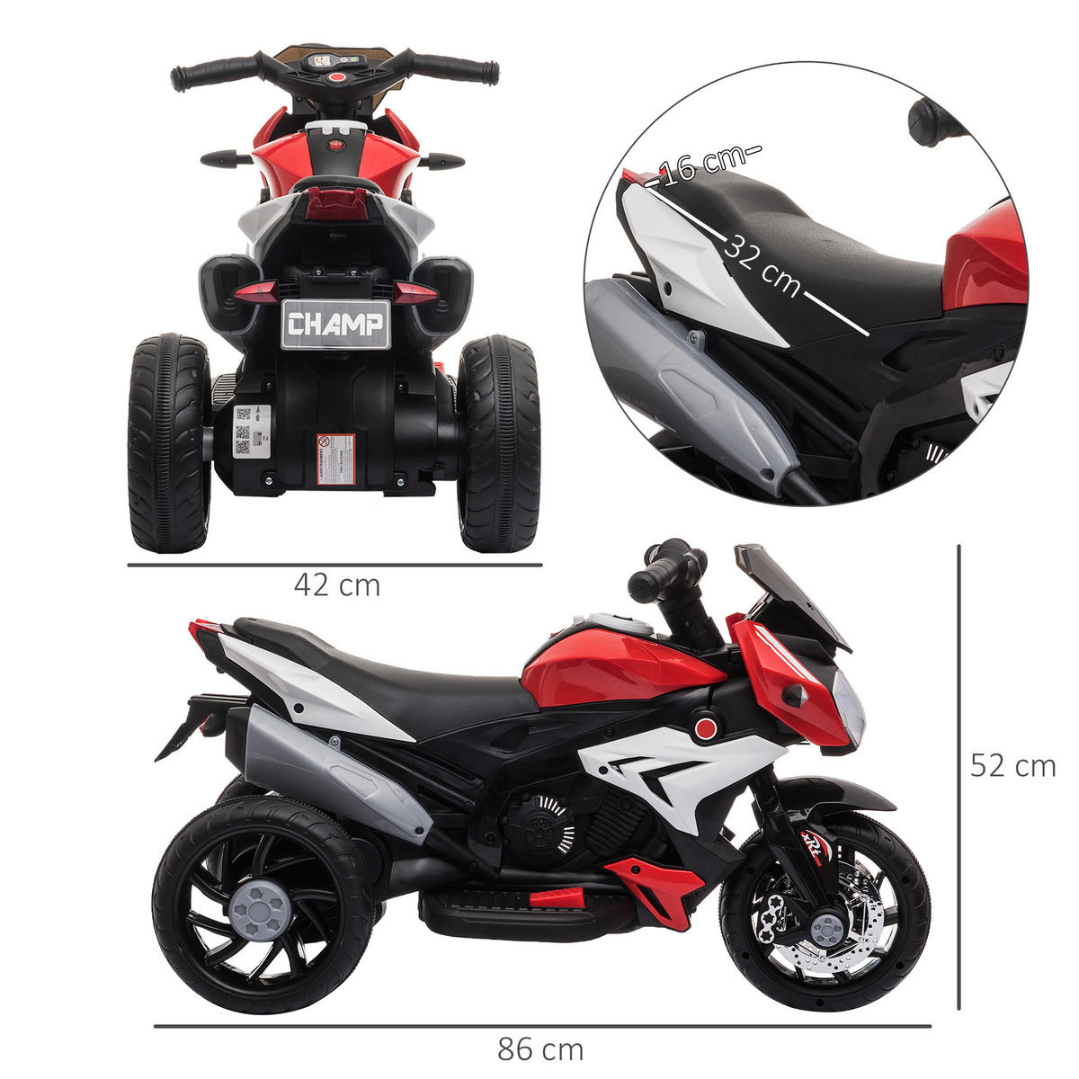 KINDER Elektromotorrad - Rot/Schwarz, Kunststoff/Metall (86/42/52cm) - HOMCOM