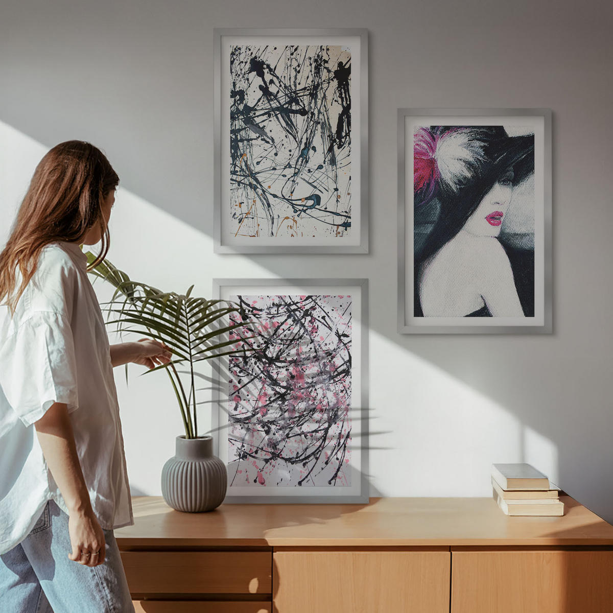 BILDER SET 3er Set - 40x60 cm Silberner Rahmen - Abstrakte Farbmuster Hut - Silberfarben, Kunststoff (40/60cm) - TULUP