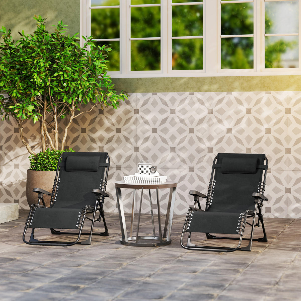 SONNENLIEGE DE-15655 2er-Set, 5-fach verstellbar mit Kopfkissen Schwarz - Schwarz, Metall (65/112/90cm) - ComfortXL