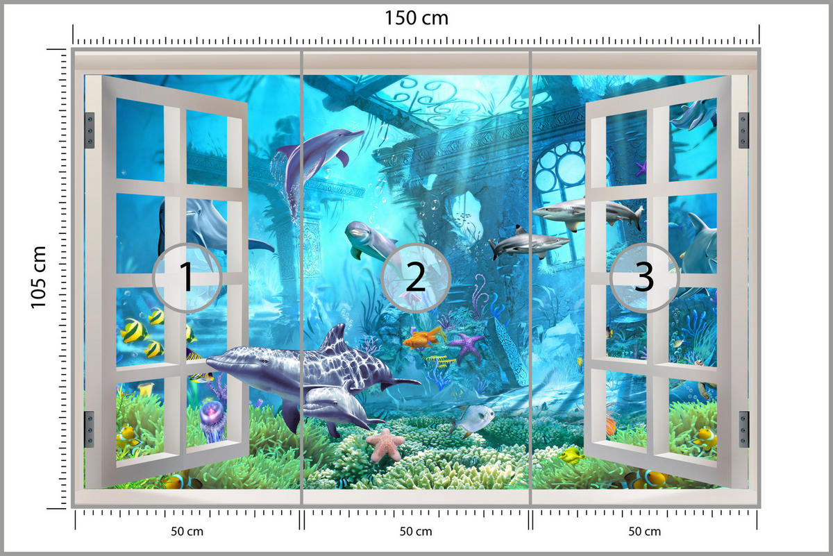 FOTOTAPETE für Schlafzimmer Fenster Unterwasserwelt Delfine Riff 150x105 - Blau/Weiß, Papier (150/105cm) - Muralo