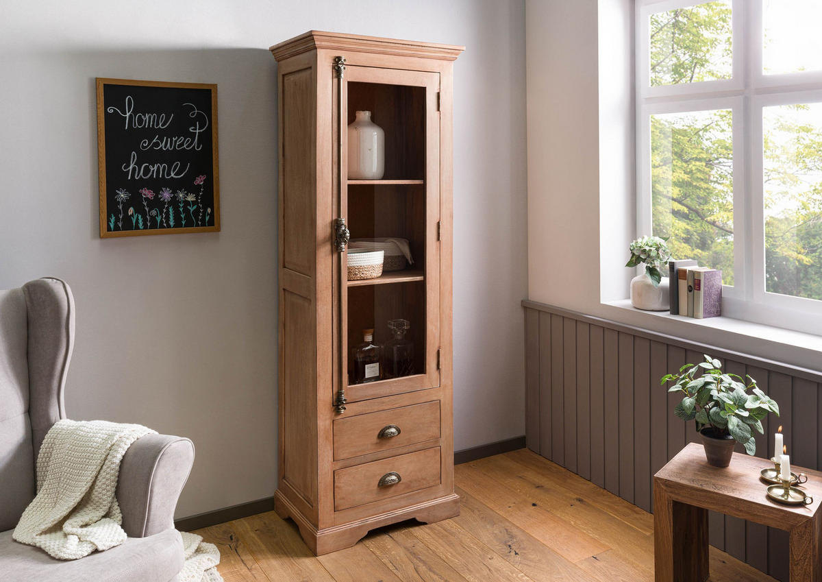 VITRINE Mango 65x45x190 beige geölt TOULOUSE #02 - Beige, Holz (65/190/45cm) - Massivmoebel24