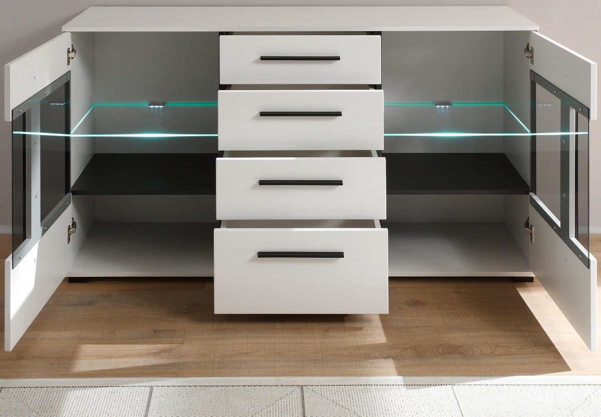 SIDEBOARD weiß Hochglanz 150 cm, Kommode mit Soft-Close - Weiß Hochglanz/Schwarz, Glas/Holzwerkstoff (150/86/42cm) - Furn.Design