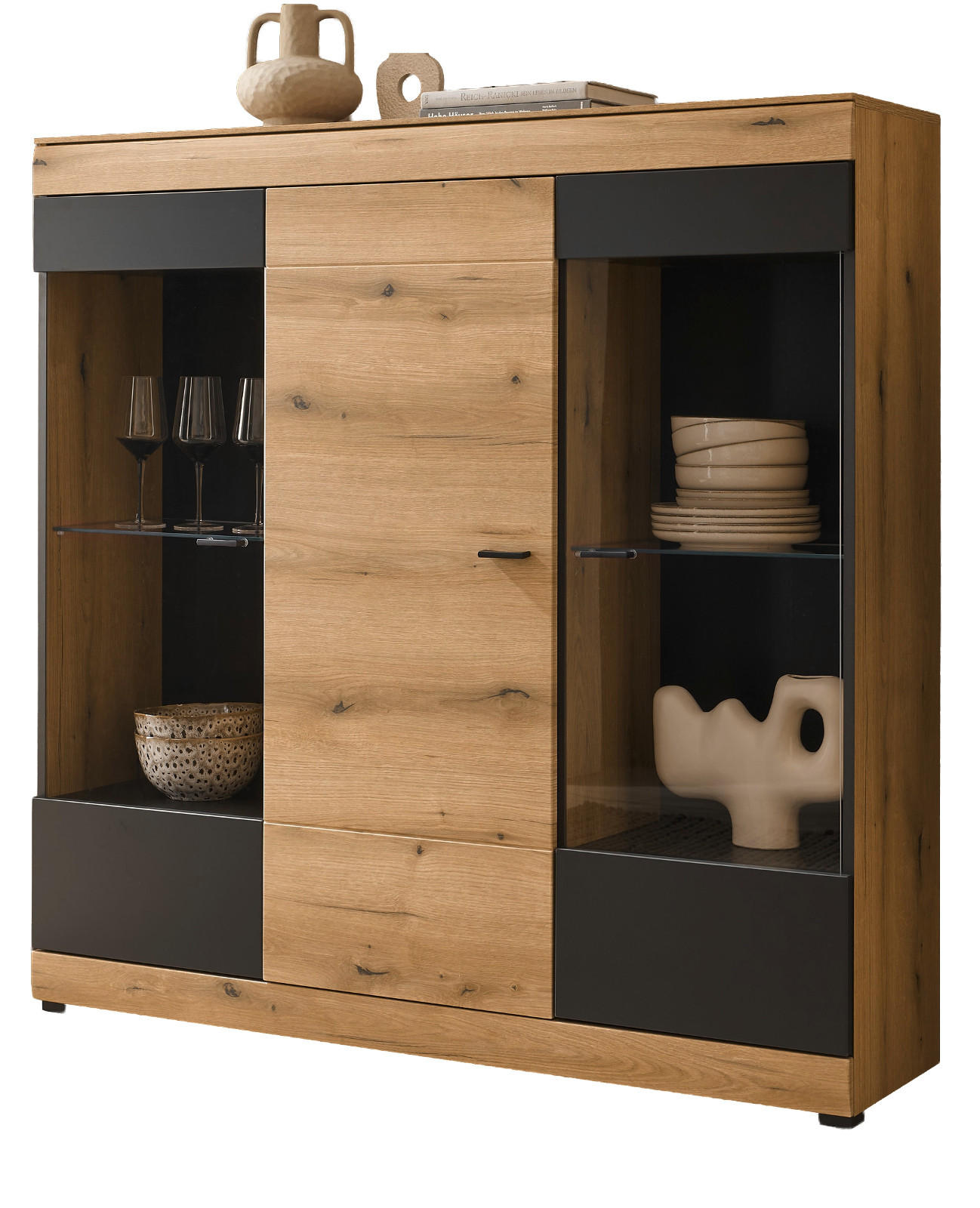 HIGHBOARD in Eiche, grau 140 x 141 cm, Vitrine mit Soft-Close - Kaschmir/Eichefarben, Glas/Holzwerkstoff (140/141/35cm) - Furn.Design