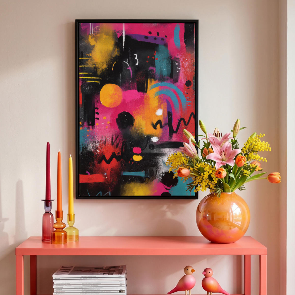LEINWAND Bilder mit Rahmen - Farbflächen - Formen - Bunt - Abstrakt - 40x60 - Pink, Textil (40/60cm) - MuchoWow